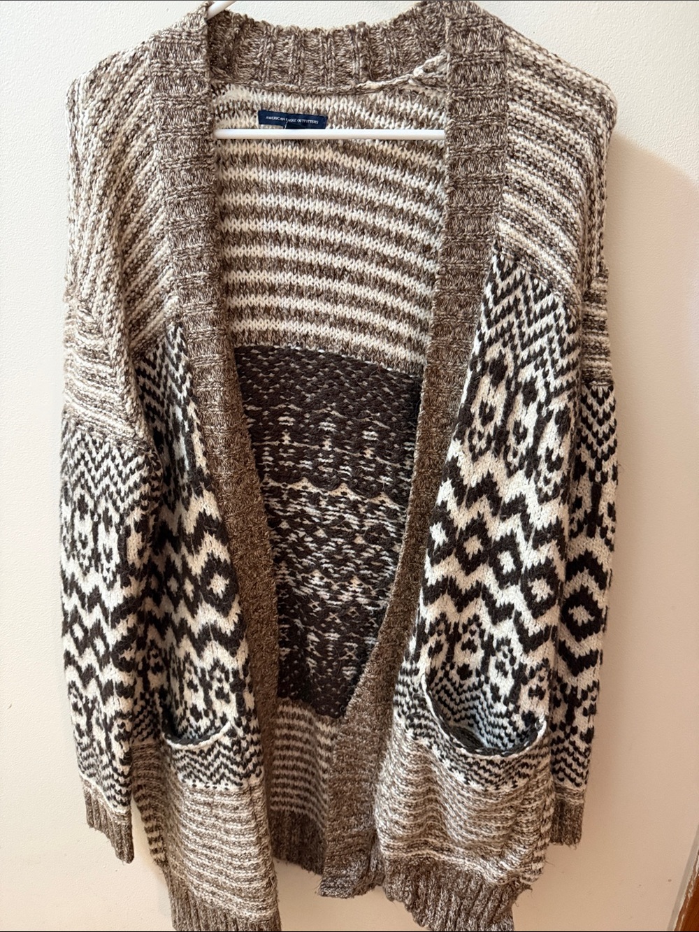 American Eagle Outfitters Brown and Cream Patterned Open-Front Cardigan